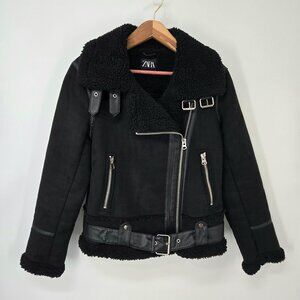 Zara Black Faux Suede Sherpa Lined Biker Jacket Buckles Full Zip Women's Size XS